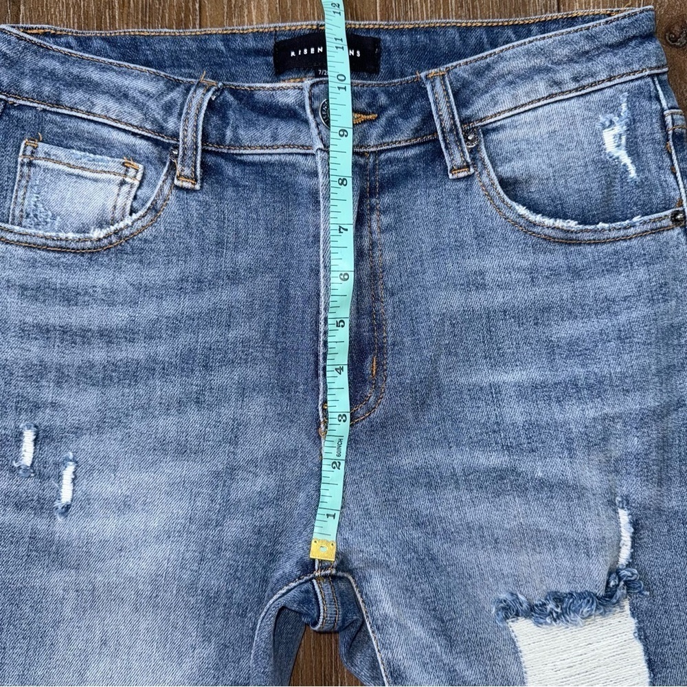 Risen High Rise Flare Jeans Frayed Hem Blue - Picture 5 of 11